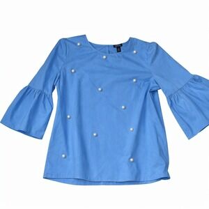 a.n.a Pearl Embellished Bell Sleeve Blouse Women's Blue XL